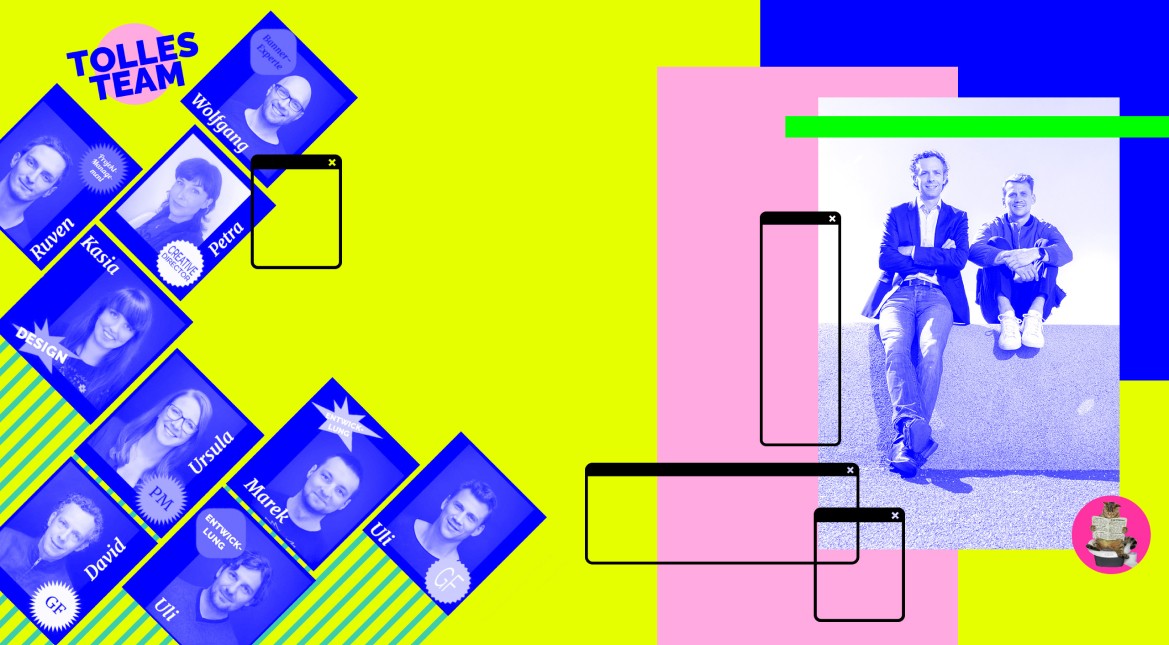 Tolles Team, Bilder von allen Teammitgliedern auf buntem Grund