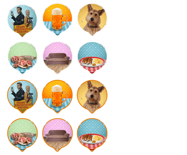 Sprechblasen mit verschiedenen Bildern: Bierkrug, Hund, Salami, Couch Teller mit Würsten und Kraut, Franz Eberhofer Kreisel