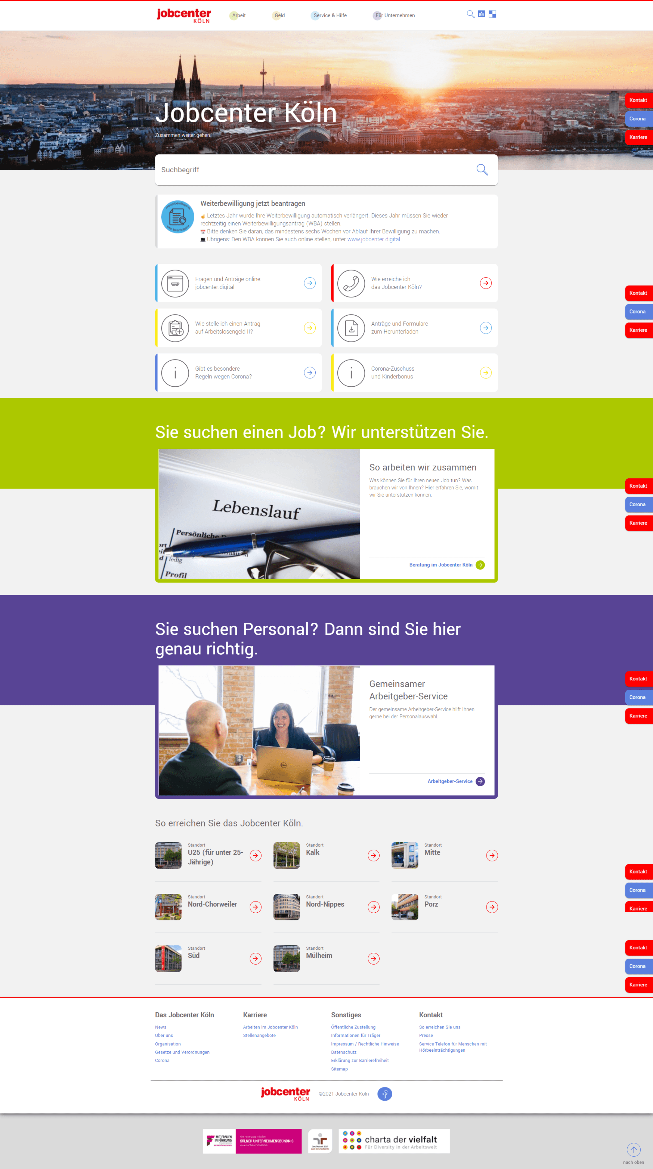Seite des Jobcenter Köln
