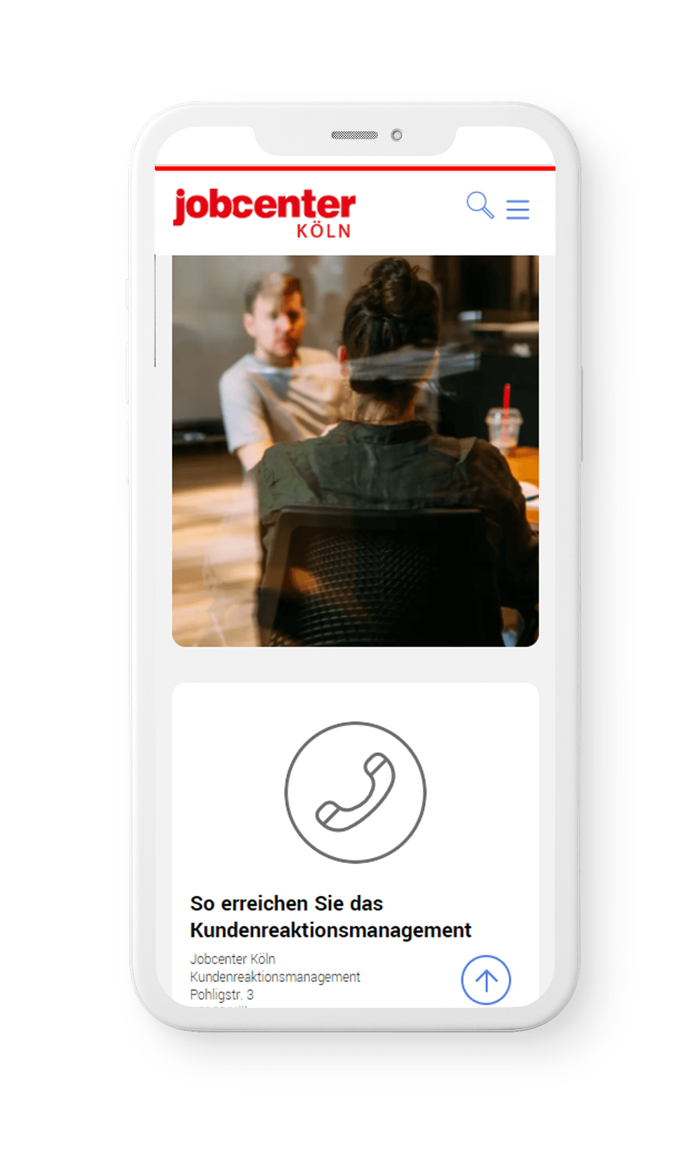 Smartphone Ansicht der Jobcenter Köln Website