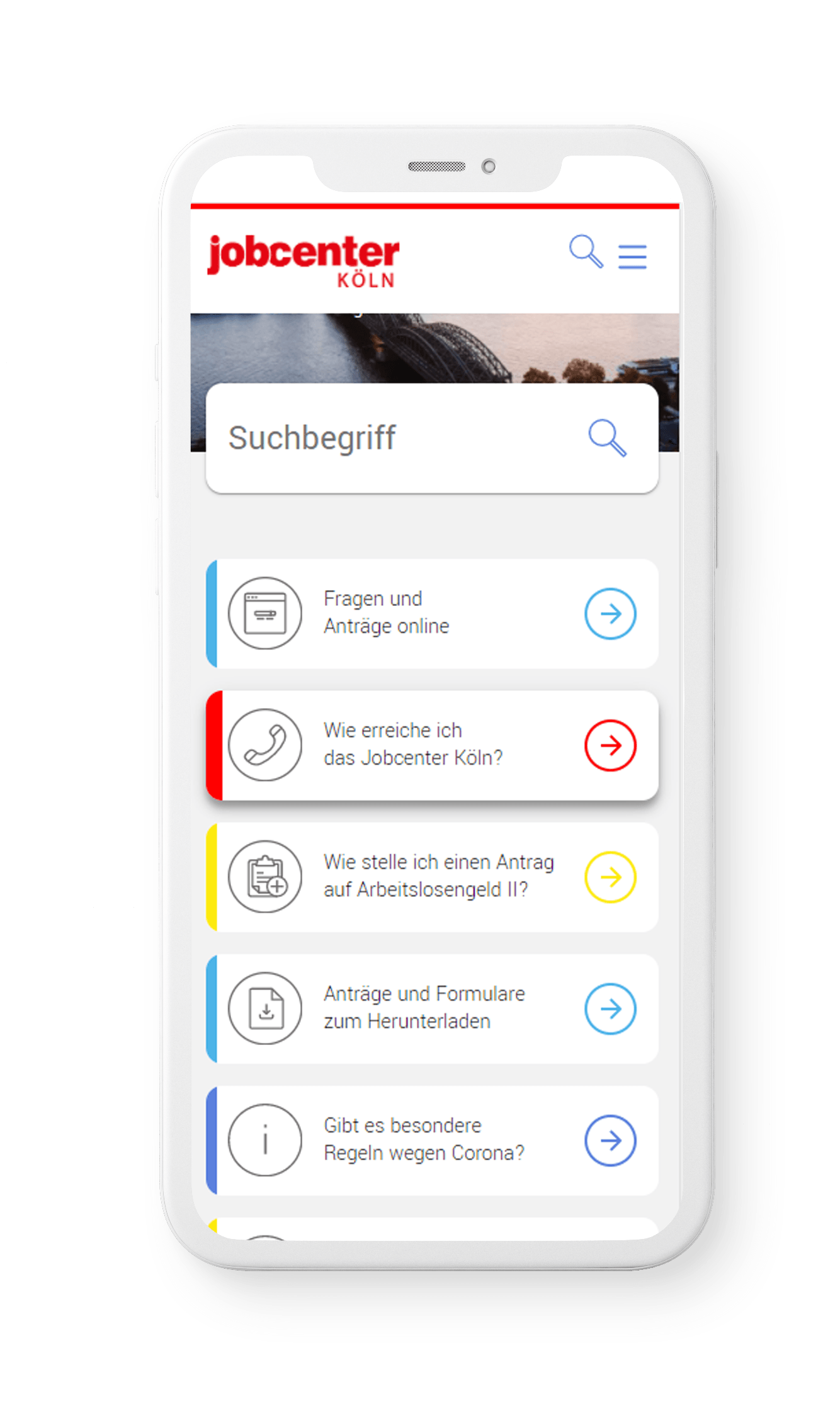 Smartphone Ansicht der Jobcenter Köln Website