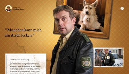 Franz Eberhofer blickt erschöpft in die Kamera, daneben steht der Text "München kann mich am Arsch lecken"