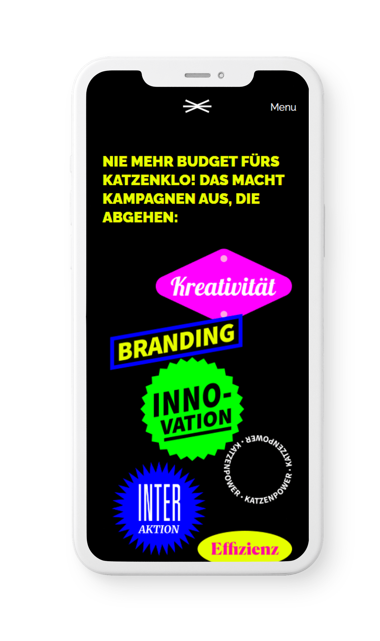 Mobile Ansicht Website Schmitts Katze. Nie mehr Budget fürs Katzenklo! Das macht Kampagnen aus, die abgehen: Kreativität, Branding, Innovation, Katzenpower, Interaktion, Effizienz