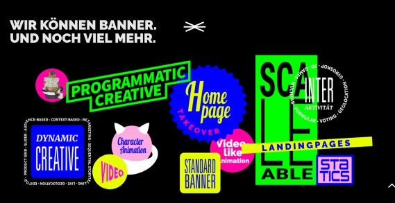 Wir können Banner. und noch viel mehr. Schwarzer untergrund, Neonfarbene bunte Symbole mit text: programmatic creative, dynamic creative, video, Charakter Animation, Homepage Takeover, Standard Banner Video like, Scalable Landingpage, Statics, Interaktivität